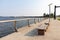 Empty Benches at Long Wharf Park along New Haven Harbor in New Haven Connecticut