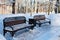 Empty benches in the middle of a snowy city park