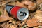 Empty beverage can lies as garbage in the forest.