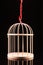 Empty birdcage with a red silk ribbon.