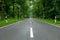 Empty blacktop two-lane road in deep lush green forest with copy space