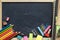 Empty Blank Black Chalk board Background with wooden frame and S