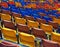 Empty bleacher seats in gymnasium