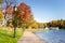 Empty Boardwalk on a Mountain Lake under Blue Sky