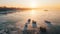 Empty boats on iced lake. On drone view.