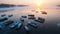 Empty boats on iced lake. On drone view.