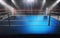 Empty boxing ring in arena, spot lights, smoke and dark night sc