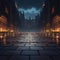 Empty brick floor, modern building in tranquil night backdrop