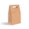 Empty brown paper bag with handles holes. Realistic triangular kraft package with shadows on white background