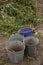 Empty buckets on soil background at organic farm. Preparing for