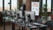 Empty call center office with computers and monitors on desk