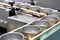 Empty cans on conveyor of food factory