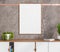 Empty canvas over white living room sideboard on beige tiled background