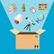 Empty cardboard box. Opened cardboard box with falling objects. Delivery concept. Vector illustration on blue background