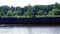 Empty cargo ship floating along river in background forest. Cargo boat
