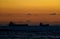Empty cargo ships on the horizon, misty pastel sunset colors in the sky, and silhouetted ships. Scenic landscape photograph near