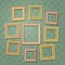 Empty cartoon photo frames on green wall. Retro wooden picture frame set vector illustration