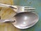 Empty ceramic dish with chicken tracery on the dish spoon and fork on top view. After meal