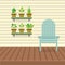 Empty Chair On Wood Wall And Ground With Pot Plants Shelves