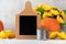 An empty chalk board surrounded by pumpkins and sunflowers. Autumn composition. Happy Thanksgiving. Copy space.