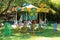Empty children`s carousel in garden for kids party