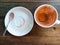 Empty chocolate cup after drink on wood table