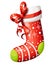 Empty christmas stocking with red bow. Decorative red sock with white fur and patches. Vector illustration for christmas. Isolated