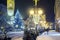 Empty Christmas town with decorations and lights and the tree.