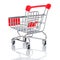 Empty chromed toy market shopping cart with red handle and plastic board on the front. Rear view on white background with