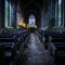 an empty church with rows of pews and stained glass windows