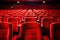 Empty cinema auditorium with red seats and lights. 3d rendering, Bright empty red seats in cinema rows, AI Generated