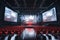 Empty cinema auditorium with red seats and screens. 3d rendering, A modern training hall with chairs facing a giant stage with one