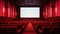 The empty cinema hall features a striking red color scheme and a white blank screen, Ai Generated