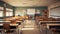 Empty class room for students and teachers to fill with knowledge wooden desks hD image