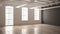 Empty classic industrial space, open room with wooden floor and big windows, modern interior