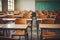 Empty classroom. Back to school concept in high school. Vintage wooden chairs and desks. Studying lessons in secondary education