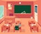 Empty classroom interior with blackboard and desks and chairs cartoon style