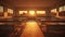 an empty classroom at sunset, with the last rays of daylight gently illuminating the benches and chairs