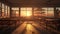 an empty classroom at sunset, with the last rays of daylight gently illuminating the benches and chairs