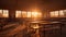 an empty classroom at sunset, with the last rays of daylight gently illuminating the benches and chairs