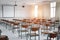 Empty classroom with vintage tone wooden chairs. Classroom arrangement in social distancing concept to prevent COVID-19 pandemic.