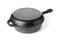 Empty, clean black cast iron pan or dutch oven over white