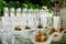 Empty, clean, crystal champagne glasses and crystal glasses for water stand on a serving table