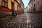empty cobblestone street with bicycle leaning against wall