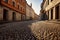 empty cobblestone street with building shadows