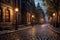 empty cobblestone street with street lamps glowing