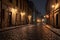 empty cobblestone street with street lamps glowing