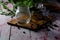 empty coffee containers and scattered coffee beans