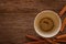 Empty coffee cup with Cinnamon after drink on wood table.