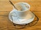 Empty coffee cup with grounds, saucer, binoculars and spoon